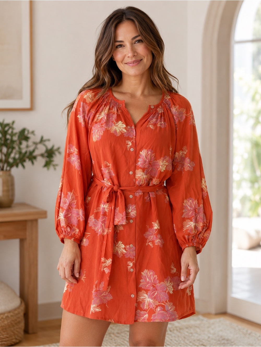 TUCKER  100% silk cottagecore 
orange floral tunic / dress SZ P